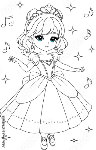 Coloring page a princess is dancing for kids