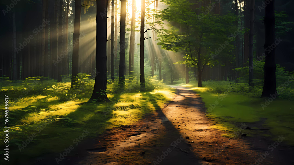 Fototapeta premium A dirt road in a forest with sun shining through the trees and grass on the ground and on the ground