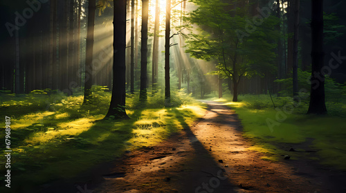 A dirt road in a forest with sun shining through the trees and grass on the ground and on the ground © junaid