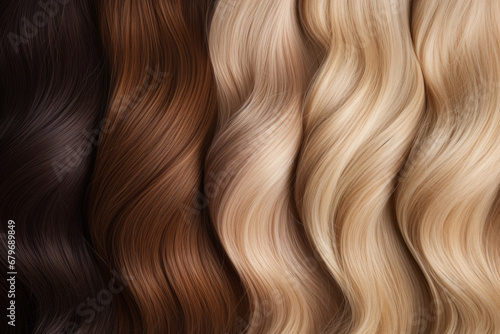 Set of different long shiny hair color. Hair texture background. Generative AI