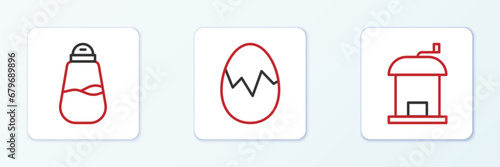 Set line Manual coffee grinder, Salt and Broken egg icon. Vector