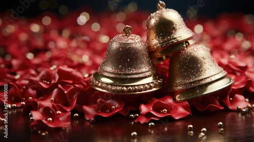  a couple of bells sitting on top of a pile of red flowers on top of a wooden table next to each other.