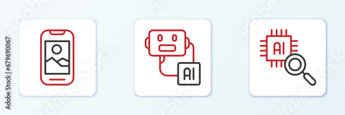 Set line Processor CPU, Mobile phone and Artificial intelligence robot icon. Vector