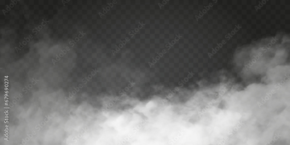 Fog or smoke isolated transparent special effect. White vector cloudiness, mist or smog background. Vector illustration - obrazy, fototapety, plakaty 