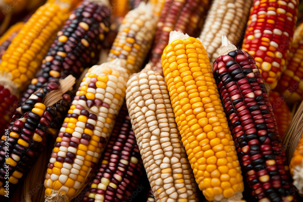 Variety of colorful corn. Autumn market. Generative AI