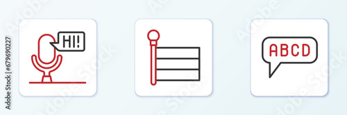 Set line Alphabet, Microphone voice device and Flag icon. Vector