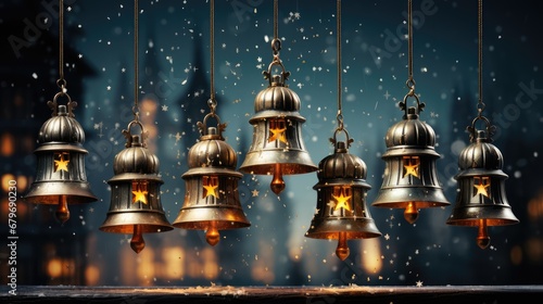  a bunch of bells that are hanging in the air with a star on one side of the bells and a star on the other side of the bells.