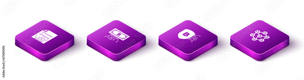 Set Isometric Smart contract, Cryptocurrency bitcoin with circuit, Shield and Blockchain technology icon. Vector Set Isometric Smart contract, Cryptocurrency bitcoin with circuit, Shield and Blockchain technology icon. Vector