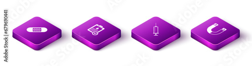 Set Isometric Bandage plaster, Clipboard with blood test, Syringe and Magnet icon. Vector