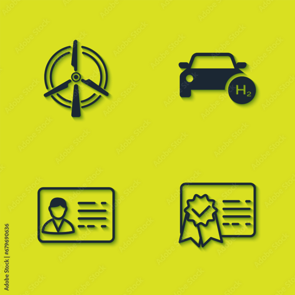 Set Rotating wind turbine, Certificate template, Identification badge and Hydrogen car icon. Vector Set Rotating wind turbine, Certificate template, Identification badge and Hydrogen car icon. Vector