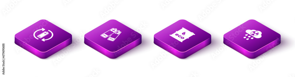 Set Isometric Battery with recycle, , Bio fuel barrel and Acid rain and radioactive cloud icon. Vector Set Isometric Battery with recycle, , Bio fuel barrel and Acid rain and radioactive cloud icon. Vector