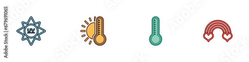 Set UV protection, Thermometer with sun, Meteorology thermometer and Rainbow heart icon. Vector