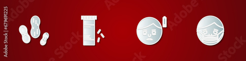 Set Peanut, Medicine bottle and pills, Fatigue and Face protective mask icon. Vector