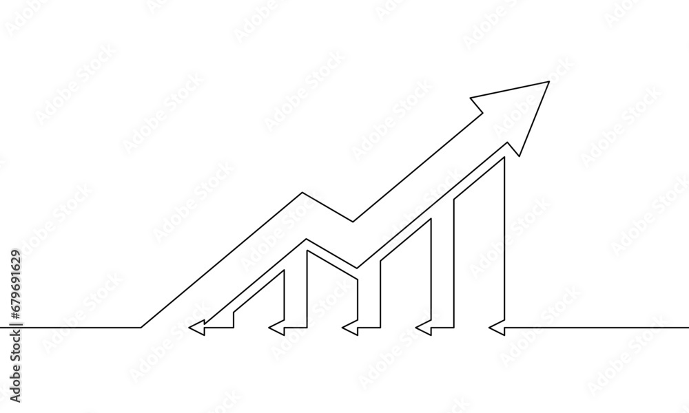 Continuous one line drawing of graph. Illustration vector of arrow up. Hand drawn of bar chart. Flat icon business growth. Single line art Continuous one line drawing of graph. Illustration vector of arrow up. Hand drawn of bar chart. Flat icon business growth. Single line art