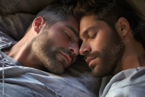 You are the beautiful part of my life. Gay couple spirit men hugging in bed. Romantic feelings. Love. LGBT concept.