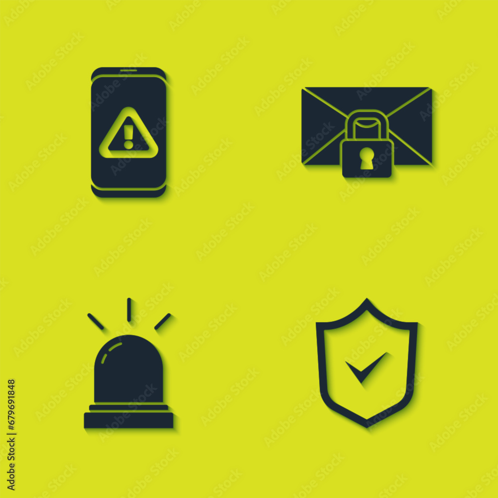 Set Mobile with exclamation mark, Shield check, Motion sensor and Mail message lock password icon. Vector Set Mobile with exclamation mark, Shield check, Motion sensor and Mail message lock password icon. Vector