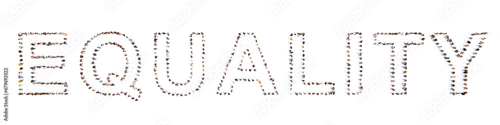 Concept or conceptual large community of people forming EQUALITY message. 3d illustration metaphor to gender equality, equal salery, career and employment opportunities, respect and progress Concept or conceptual large community of people forming EQUALITY message. 3d illustration metaphor to gender equality, equal salery, career and employment opportunities, respect and progress