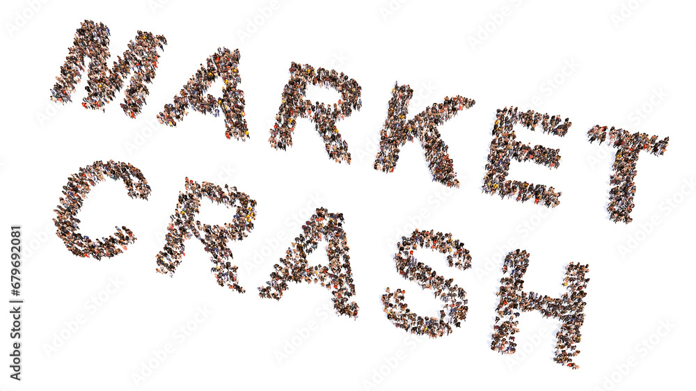 Conceptual large community of people forming MARKET CRASH message. 3d illustration metaphor for financial and investment crisis, stock market decline, bankruptcy and currency depreciation Conceptual large community of people forming MARKET CRASH message. 3d illustration metaphor for financial and investment crisis, stock market decline, bankruptcy and currency depreciation
