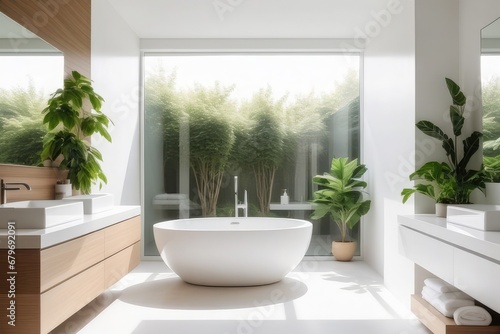 Minimalistic light colored bath with greenery © cvetikmart