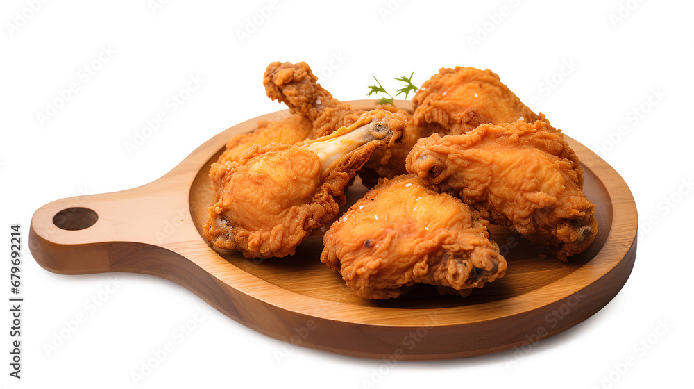 Fried chicken on a plate, Fried chicken served on a rustic wooden plate isolated on white background, Generative AI Fried chicken on a plate, Fried chicken served on a rustic wooden plate isolated on white background, Generative AI