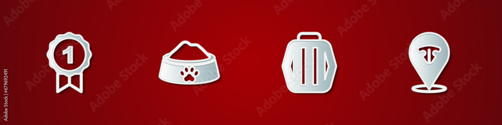 Set Dog award symbol, Pet food bowl, carry case and Cat nose icon. Vector Set Dog award symbol, Pet food bowl, carry case and Cat nose icon. Vector