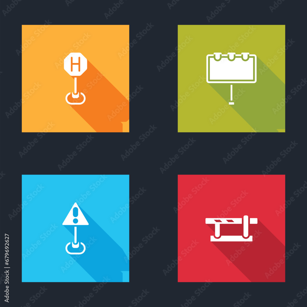 Set Hospital road traffic, Billboard with lights, Exclamation mark in triangle and Parking car barrier icon. Vector Set Hospital road traffic, Billboard with lights, Exclamation mark in triangle and Parking car barrier icon. Vector