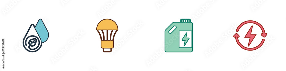 Set Water energy, LED light bulb, Eco fuel canister and Recharging icon. Vector Set Water energy, LED light bulb, Eco fuel canister and Recharging icon. Vector