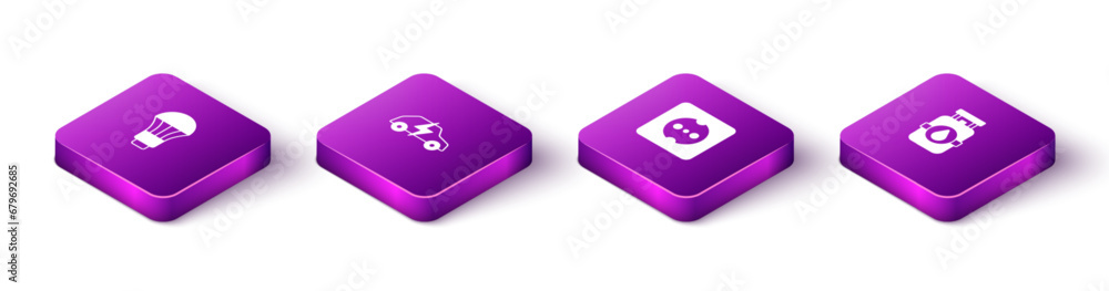 Set Isometric LED light bulb, Electric car, Electrical outlet and Propane gas tank icon. Vector Set Isometric LED light bulb, Electric car, Electrical outlet and Propane gas tank icon. Vector