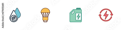 Set Water energy, LED light bulb, Eco fuel canister and Recharging icon. Vector