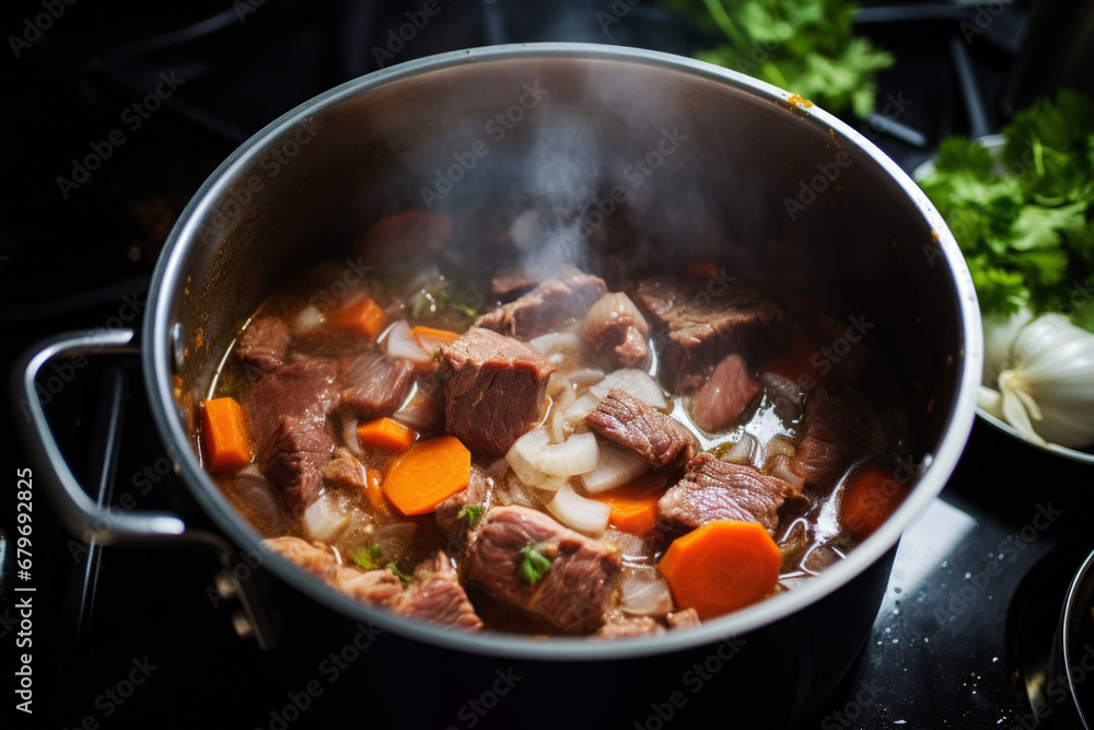 Beef stew of meat and vegetables cooking in the pot on the stove Beef stew of meat and vegetables cooking in the pot on the stove