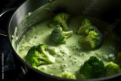 Broccoli soup cooking in the pot on the stove