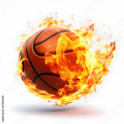 basketball ball and fire flame on white background..