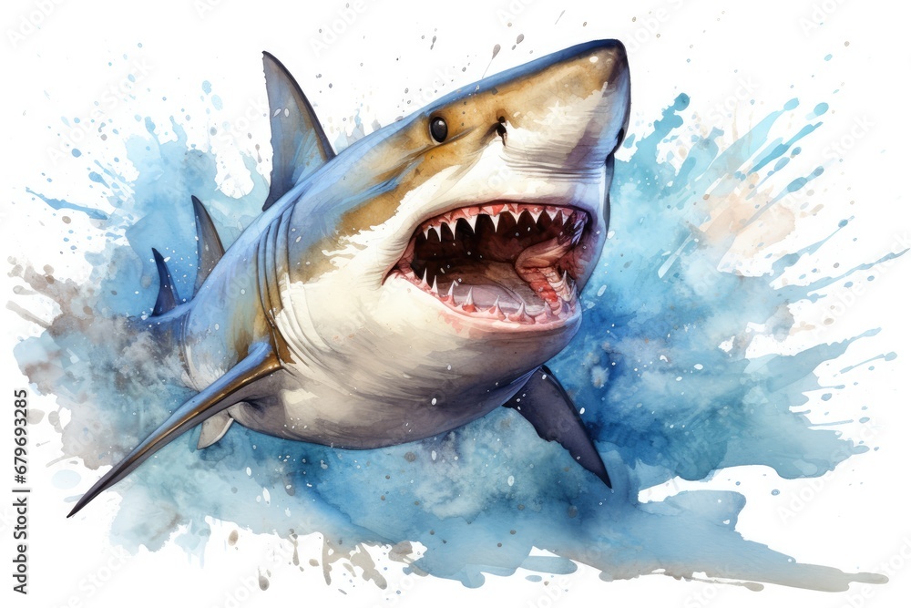 Obraz premium watercolor Shark Hungry shark illustration with splash watercolor textured background