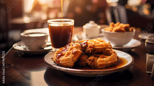A table topped with a plate of chicken and waffles next to a cup of coffee and a glass of tea