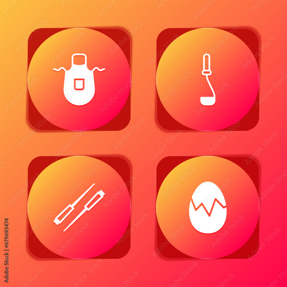 Set Kitchen apron, ladle, Food chopsticks and Broken egg icon. Vector Set Kitchen apron, ladle, Food chopsticks and Broken egg icon. Vector