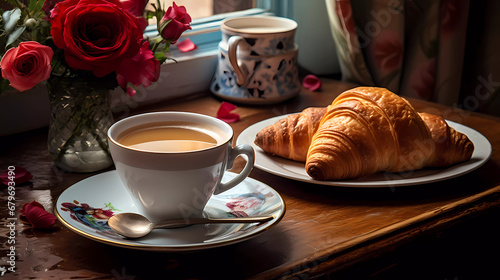 A table topped with pastries and a cup of coffee next to it on a plate next to a plate of croissants