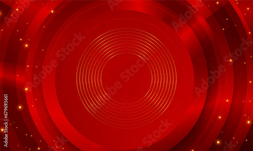 Futuristic red circle technology background with golden stripes and glowing light effect. Red metal technology background. Concentric rings backdrop. Vector 3d illustration.Luxury design. Vector EPS10
