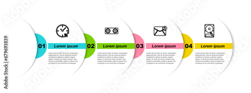 Set line Clock 24 hours, Stereo speaker, New, email incoming message and Hard disk drive HDD. Business infographic template. Vector