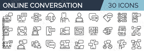 Set of 30 outline icons related to online conversation. Linear icon collection. Editable stroke. Vector illustration