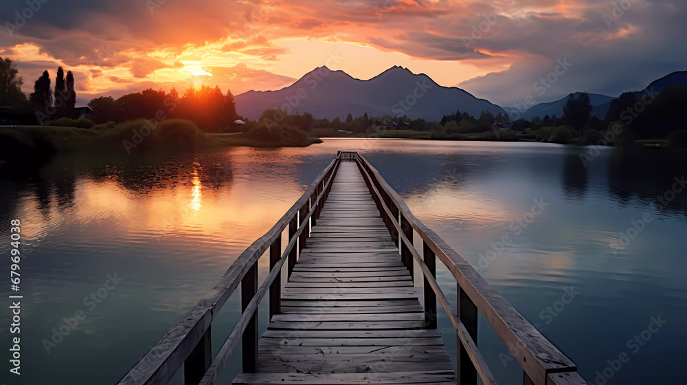A wooden bridge over a body of water at sunset with mountains in the background and a lake in the foreground