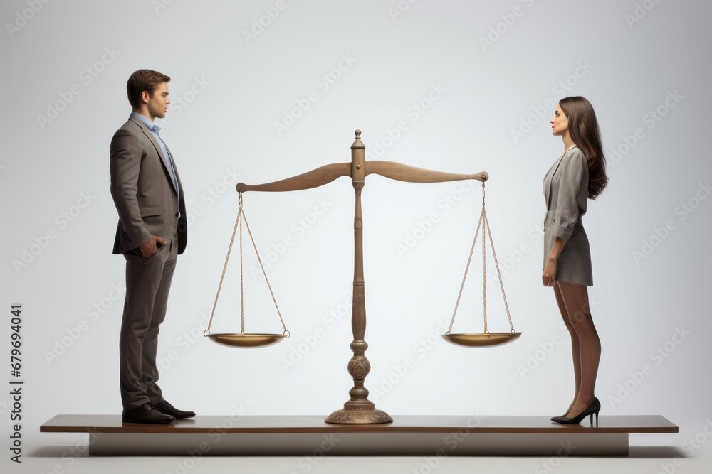 Equality between man and woman concept with beam scales on white ...