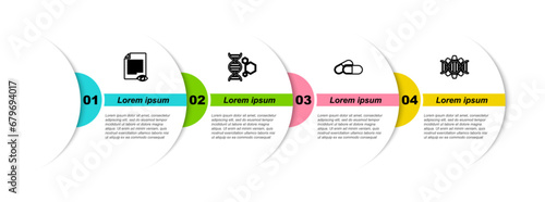 Set line Paper page with eye, Genetic engineering, Medicine pill or tablet and . Business infographic template. Vector