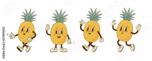Set of retro cartoon pineapple characters in different poses and emotion. Vintage smiling fruit mascot. Vector illustration.
