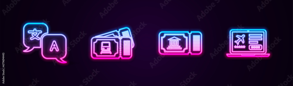 Set line Translator, Train ticket, Museum and Laptop with. Glowing neon icon. Vector Set line Translator, Train ticket, Museum and Laptop with. Glowing neon icon. Vector