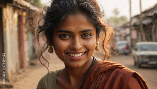 Bellissima giovane ragazza indiana vestita con abiti tradizionali in una strada di un villaggio in India photo