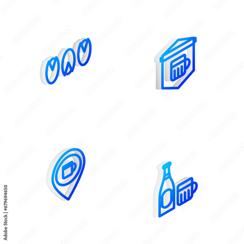 Set Isometric line Signboard with glass of beer, Pistachio nuts, Alcohol or bar location and Beer bottle and icon. Vector Set Isometric line Signboard with glass of beer, Pistachio nuts, Alcohol or bar location and Beer bottle and icon. Vector
