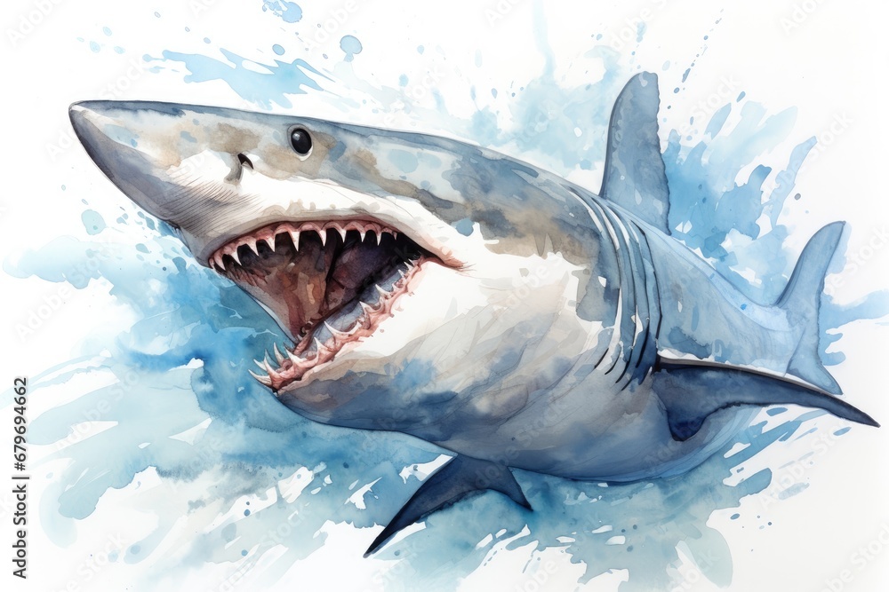 Naklejka premium watercolor Shark Hungry shark illustration with splash watercolor textured background