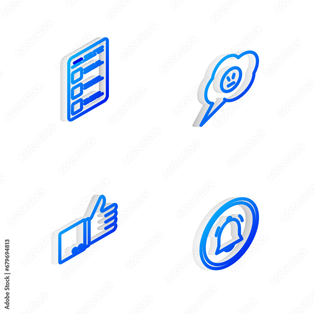 Set Isometric line Speech bubble with angry smile, Create account screen on mobile, Hand thumb up and Button chat notification icon. Vector Set Isometric line Speech bubble with angry smile, Create account screen on mobile, Hand thumb up and Button chat notification icon. Vector