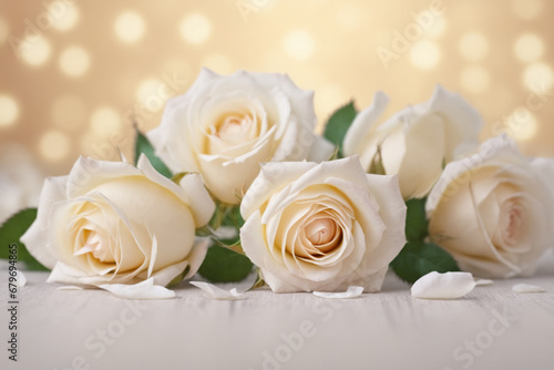 White roses petals on a bokeh background