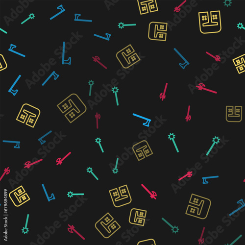 Set line Medieval axe, chained mace ball, iron helmet and halberd on seamless pattern. Vector